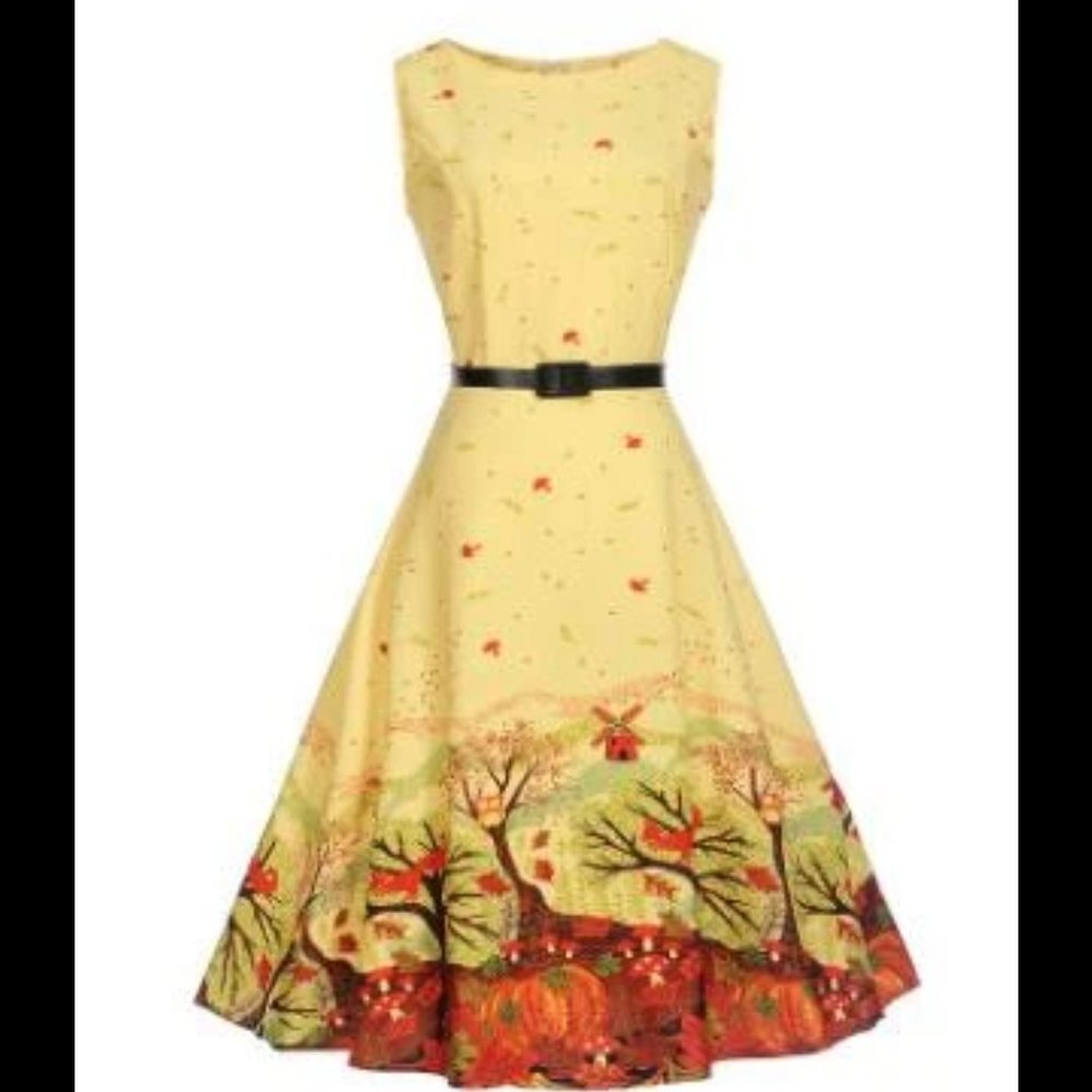 ⚡️Cottagecore style dress. Woodland scene print w/ tree, mushroom, owl Sz XL EUC